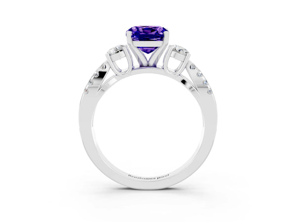 White gold Cushion Cut Tanzanite Three-Stone Ring with Pavé Split Shank and Four-Prong Setting