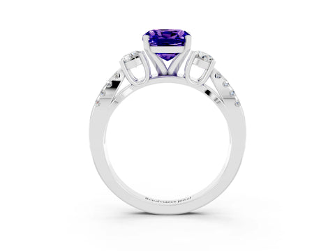 White gold Cushion Cut Tanzanite Three-Stone Ring with Pavé Split Shank and Four-Prong Setting_15