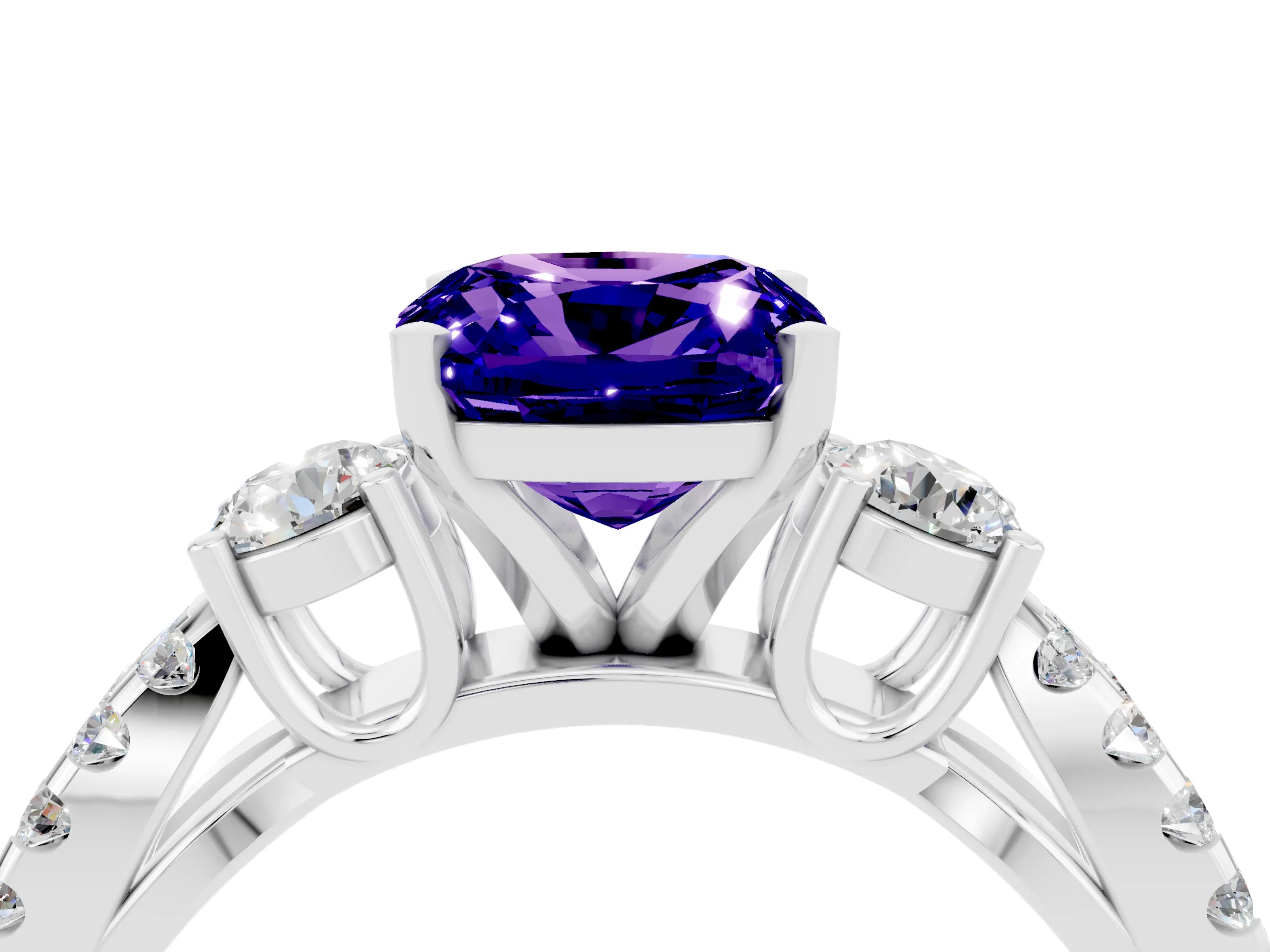 White gold Cushion Cut Tanzanite Three-Stone Ring with Pavé Split Shank and Four-Prong Setting_16
