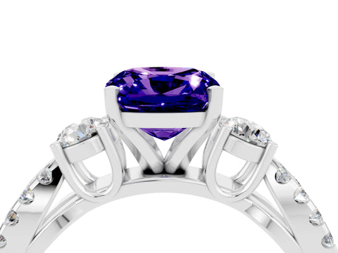 White gold Cushion Cut Tanzanite Three-Stone Ring with Pavé Split Shank and Four-Prong Setting_16