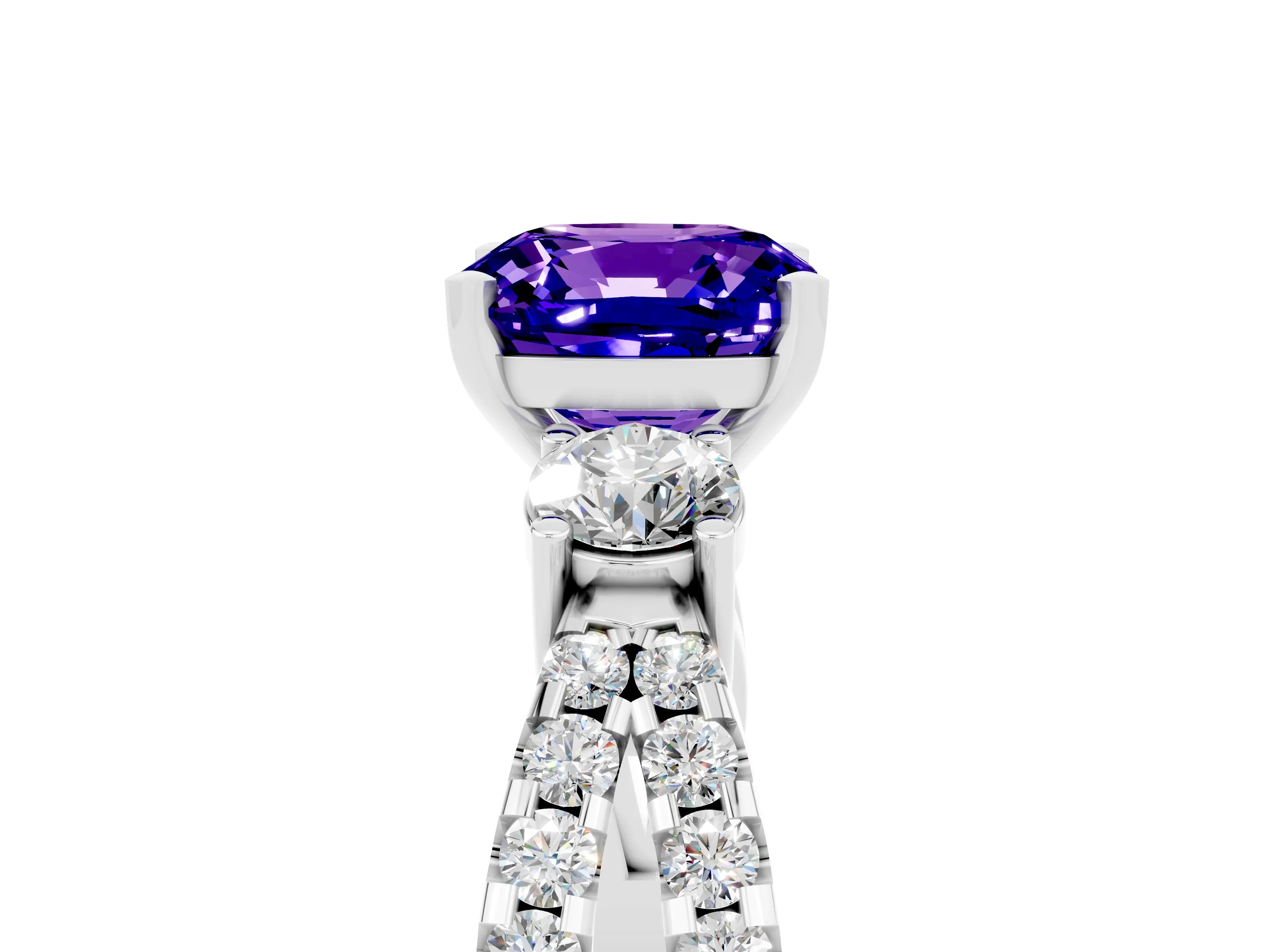 White gold Cushion Cut Tanzanite Three-Stone Ring with Pavé Split Shank and Four-Prong Setting_17