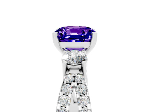 White gold Cushion Cut Tanzanite Three-Stone Ring with Pavé Split Shank and Four-Prong Setting_17