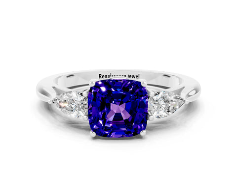 White gold Cushion Cut Tanzanite Three-Stone Ring with Pear Side Stones and Four-Prong Setting_12
