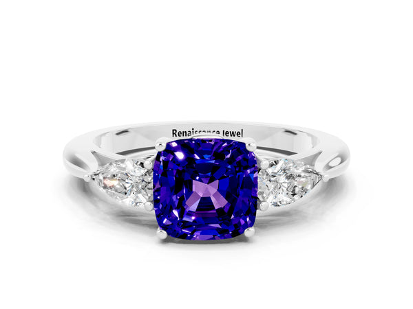 Silver Cushion Cut Tanzanite Three-Stone Ring with Pear  Side Stones and Prong Setting