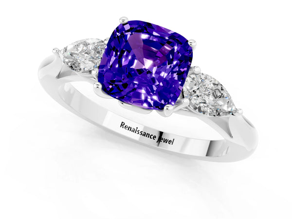Platinum Cushion Cut Tanzanite Three-Stone Ring with Pear  Side Stones and Prong Setting