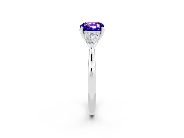 Silver Cushion Cut Tanzanite Three-Stone Ring with Pear  Side Stones and Prong Setting