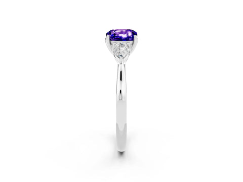 White gold Cushion Cut Tanzanite Three-Stone Ring with Pear Side Stones and Four-Prong Setting_14
