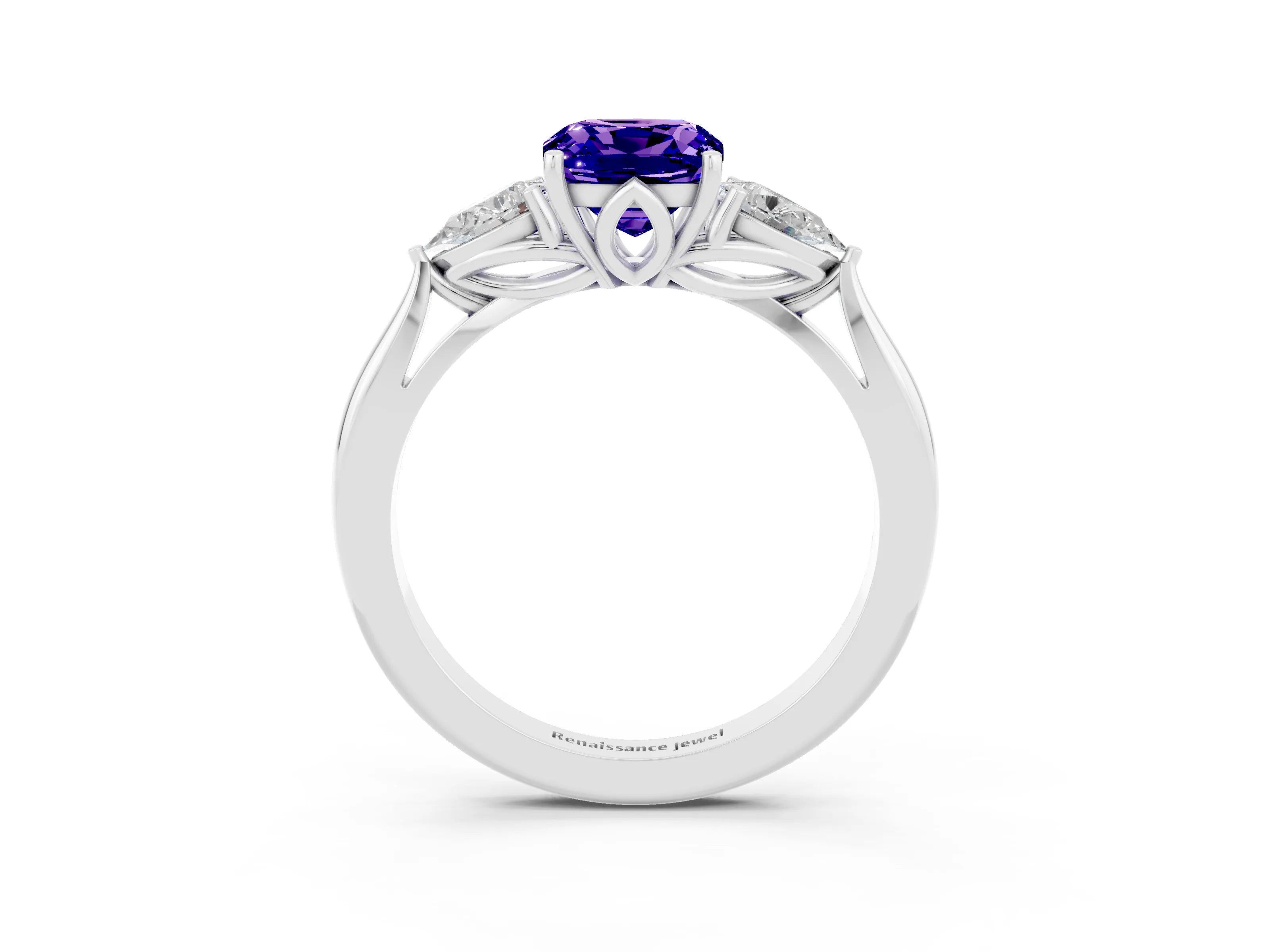 White gold Cushion Cut Tanzanite Three-Stone Ring with Pear Side Stones and Four-Prong Setting_15