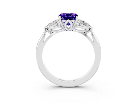 White gold Cushion Cut Tanzanite Three-Stone Ring with Pear Side Stones and Four-Prong Setting_15