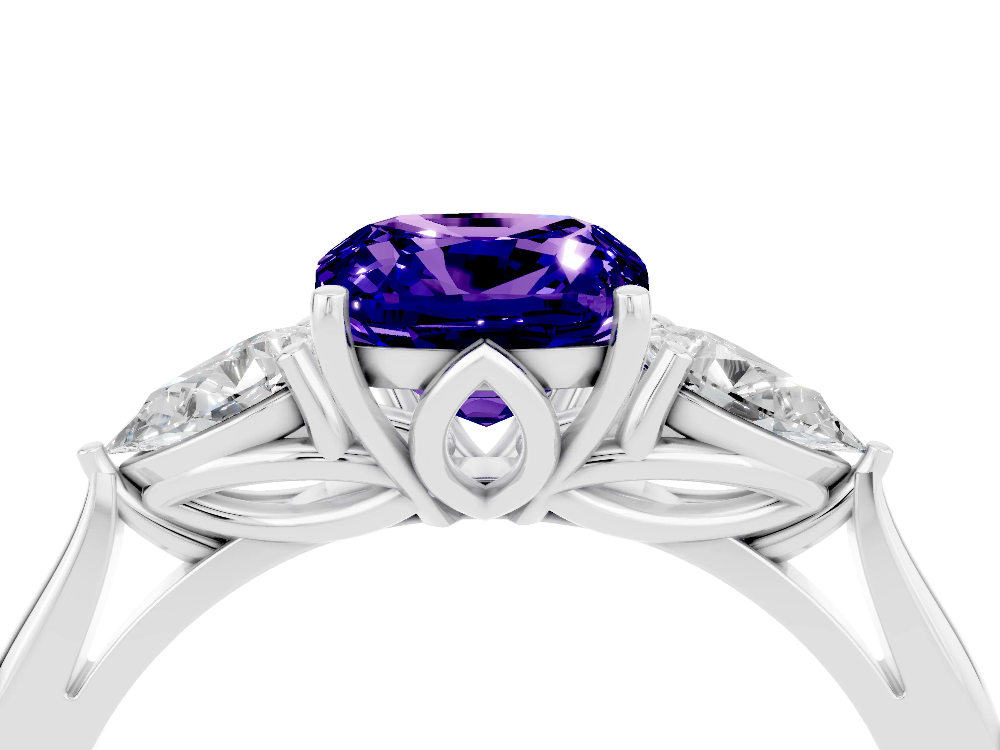 White gold Cushion Cut Tanzanite Three-Stone Ring with Pear Side Stones and Four-Prong Setting_16