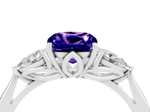 White gold Cushion Cut Tanzanite Three-Stone Ring with Pear Side Stones and Four-Prong Setting_16