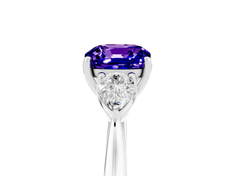 White gold Cushion Cut Tanzanite Three-Stone Ring with Pear Side Stones and Four-Prong Setting_17