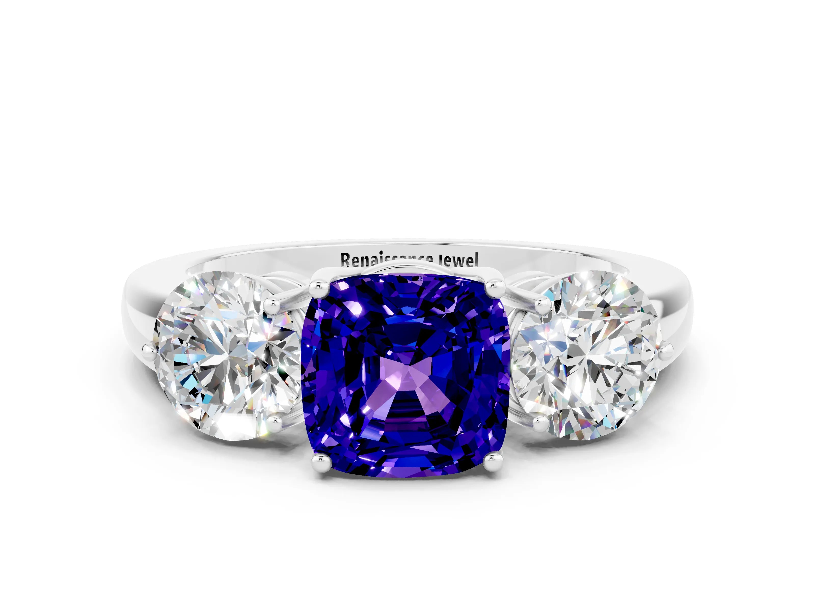 White gold Cushion Cut Tanzanite Three-Stone Ring with Prong Setting and Classic Band