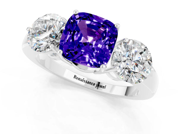 Platinum Cushion Cut Tanzanite Three-Stone Ring with Prong Setting and Classic Band