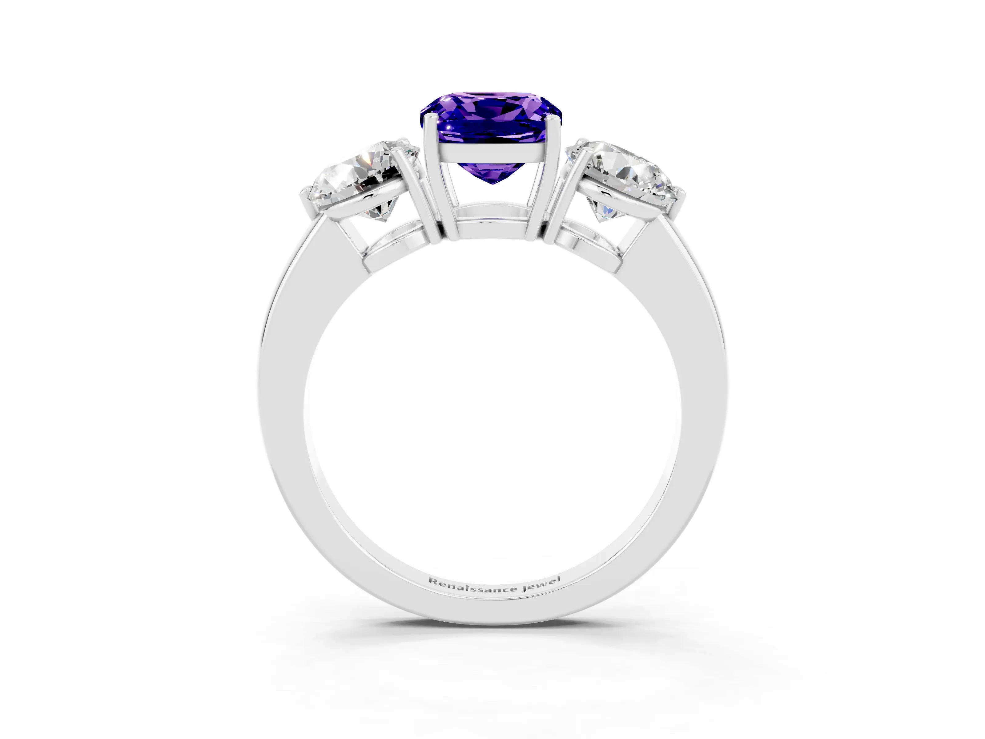 White gold Cushion Cut Tanzanite Three-Stone Ring with Prong Setting and Classic Band_3