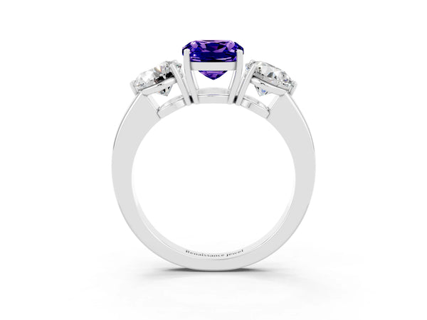 Platinum Cushion Cut Tanzanite Three-Stone Ring with Prong Setting and Classic Band