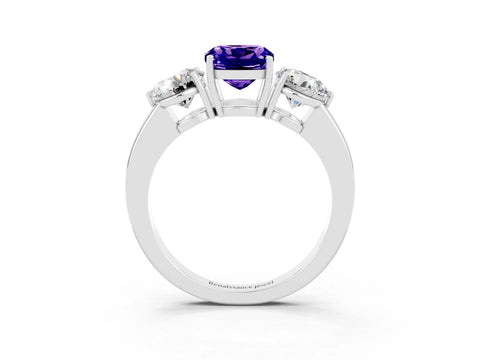 White gold Cushion Cut Tanzanite Three-Stone Ring with Prong Setting and Classic Band_3