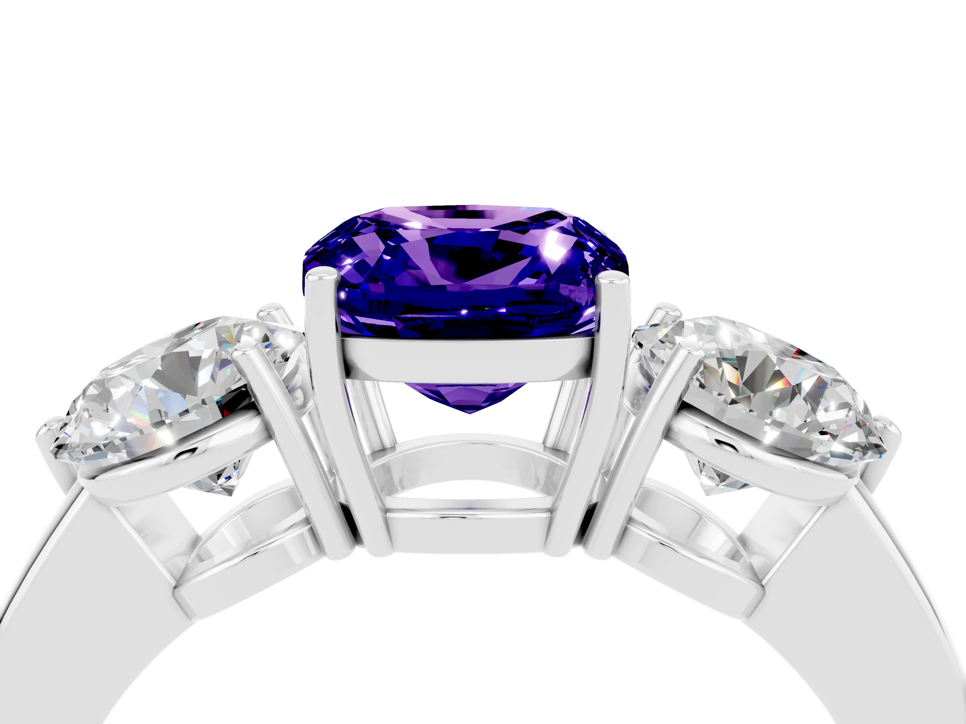 White gold Cushion Cut Tanzanite Three-Stone Ring with Prong Setting and Classic Band_4