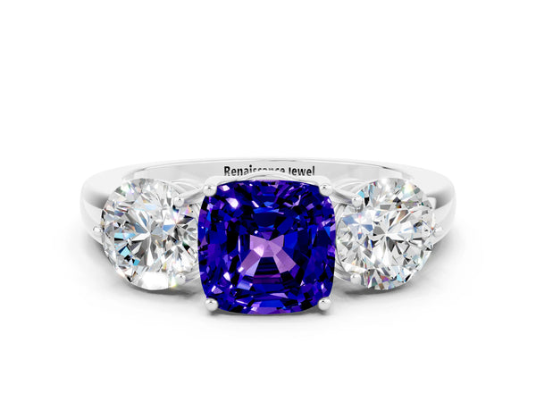White gold Cushion Cut Tanzanite Three-Stone Ring with Prong Setting and Classic Band