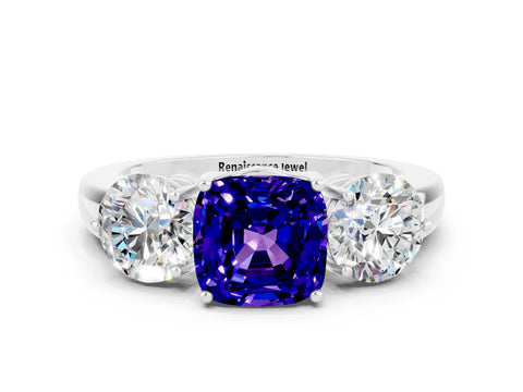 White gold Cushion Cut Tanzanite Three-Stone Ring with Prong Setting and Classic Band