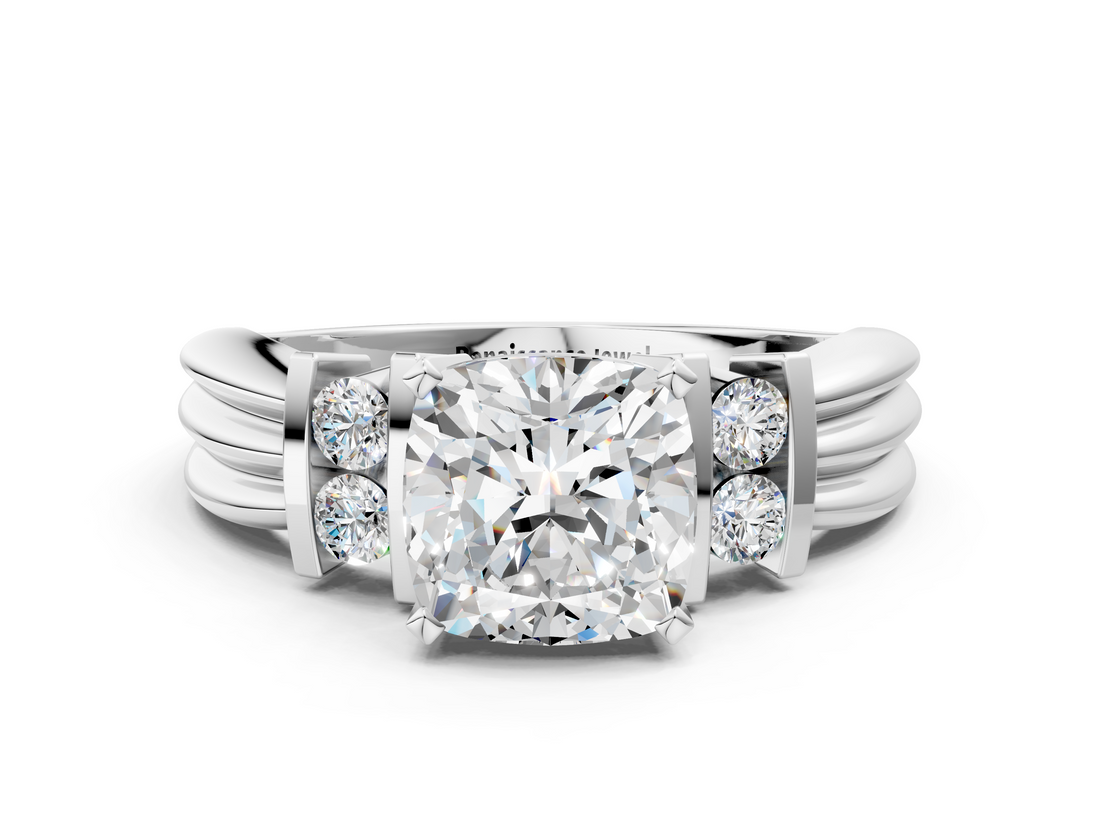 White gold Cushion Cut Three-Stone Channel Set Ring with Bar Prongs_62
