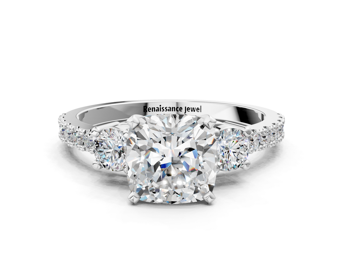 White gold Cushion Cut Three-Stone Diamond Pavé Band with Prong Setting_11