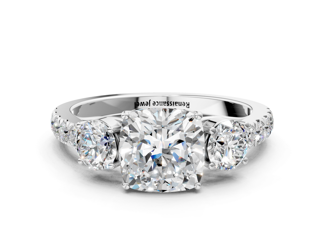 White gold Cushion Cut Three-Stone Diamond Pave Band with Prong Setting_103