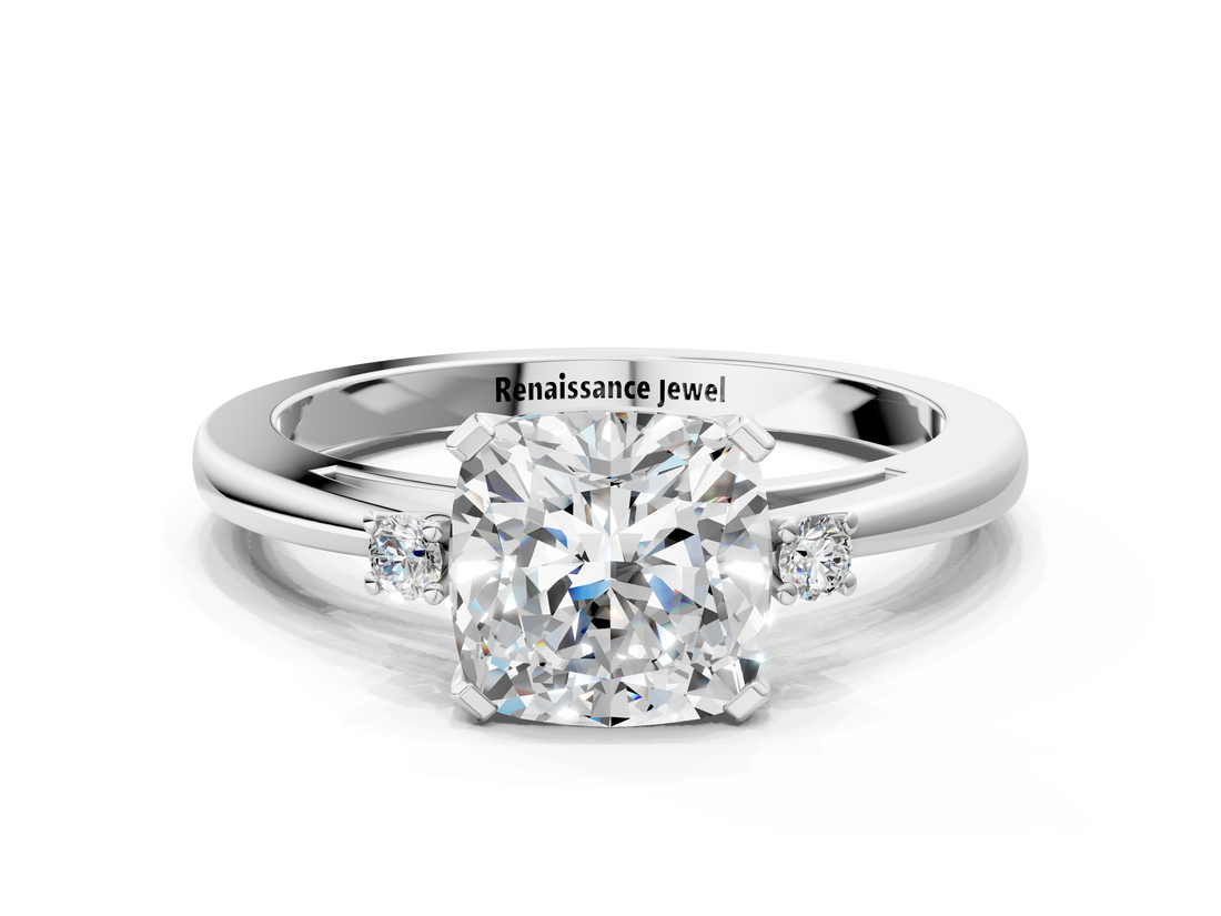 White gold Cushion Cut Three-Stone Solitaire Ring with Round Accent Diamonds and Four-Prong Setting_56