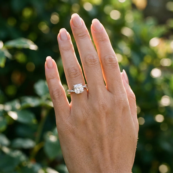 White gold Cushion Cut Twist Band Solitaire Diamond Ring with Pavé Setting
