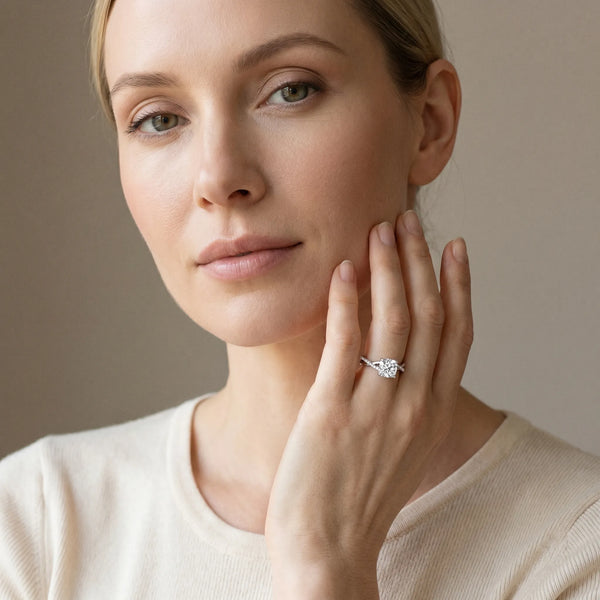 White gold Cushion Cut Twist Band Solitaire Diamond Ring with Pavé Setting