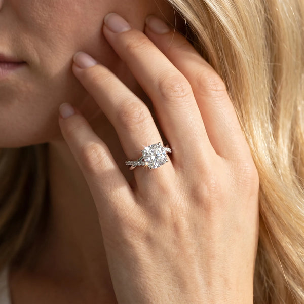 White gold Cushion Cut Twist Band Solitaire Diamond Ring with Pavé Setting