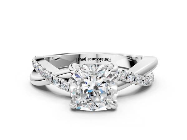 White gold Cushion Cut Twist Band Solitaire Diamond Ring with Pavé Setting