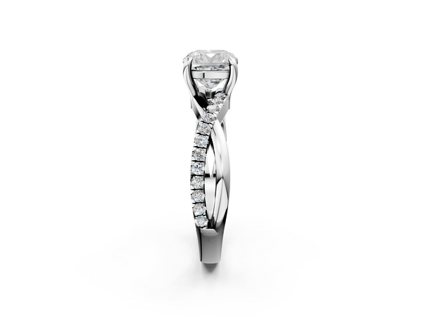 White gold Cushion Cut Twist Band Solitaire Diamond Ring with Pavé Setting