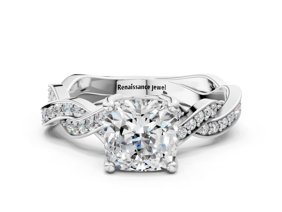 White gold Cushion Cut Twisted Pavé Band Solitaire Ring with Four-Prong Setting_103