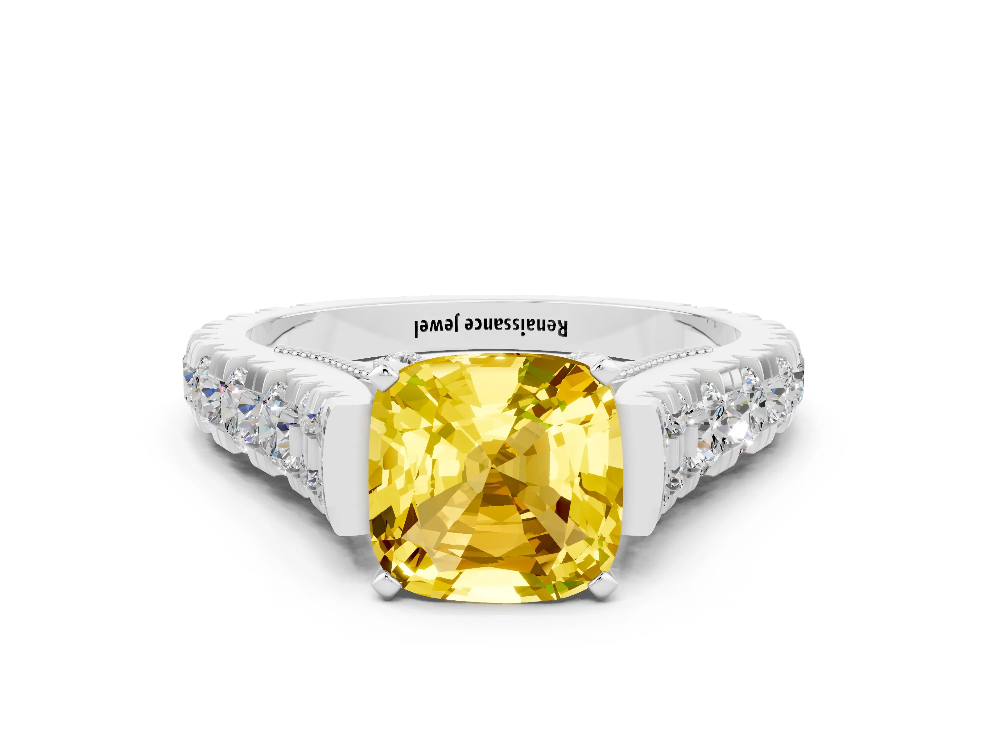 White gold Cushion Cut Yellow Sapphire Classic Solitaire Ring with Pavé Band and Four-Prong Setting_12