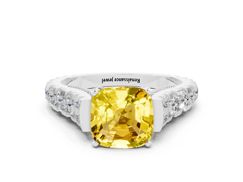White gold Cushion Cut Yellow Sapphire Classic Solitaire Ring with Pavé Band and Four-Prong Setting_12