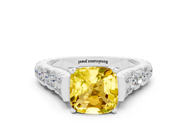 Silver Cushion Cut Yellow Sapphire Classic Solitaire Ring with Pavé Band and Four-Prong Setting