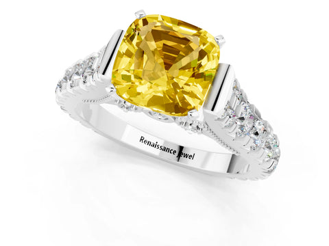 White gold Cushion Cut Yellow Sapphire Classic Solitaire Ring with Pavé Band and Four-Prong Setting_13