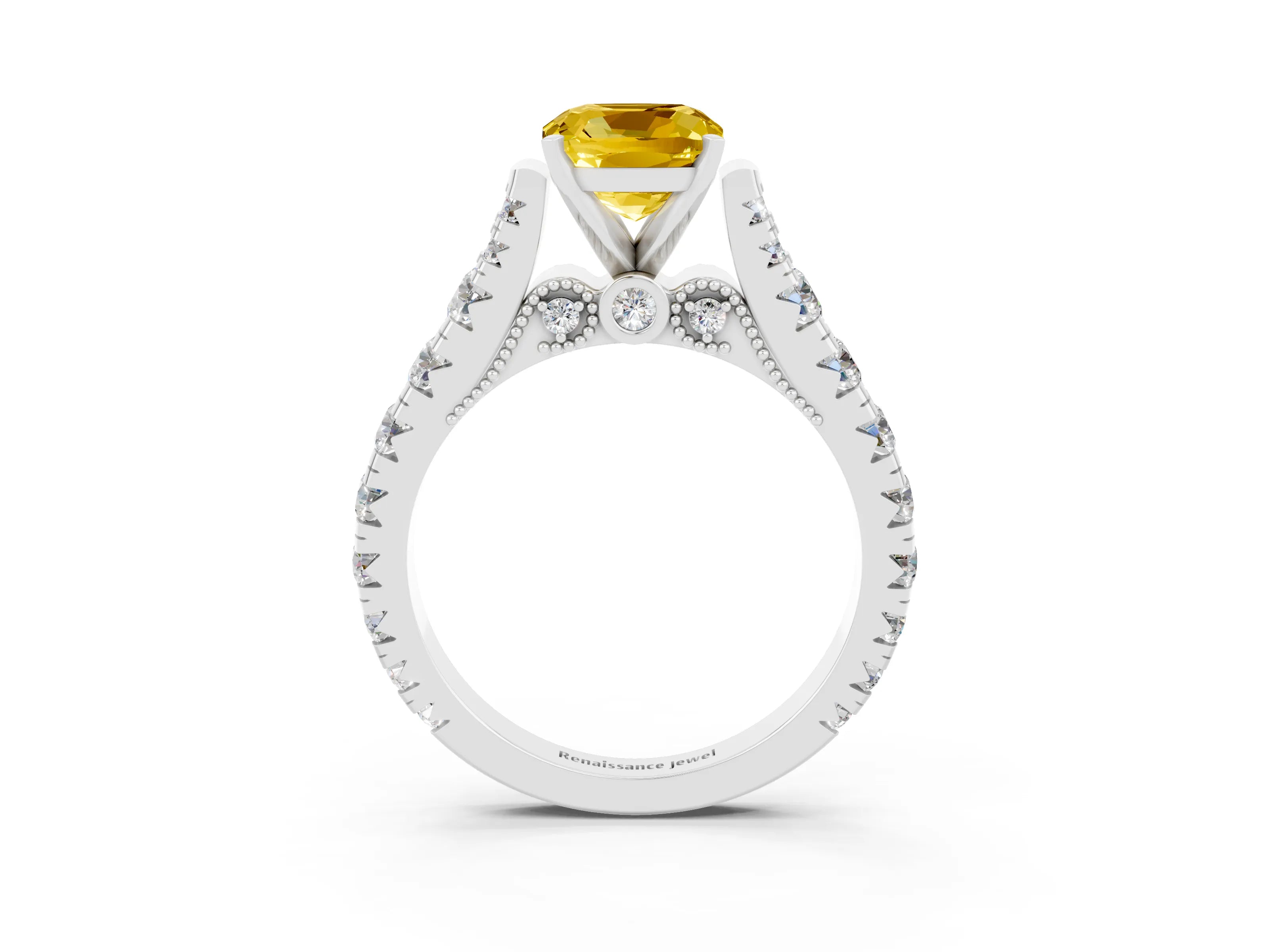 White gold Cushion Cut Yellow Sapphire Classic Solitaire Ring with Pavé Band and Four-Prong Setting_15