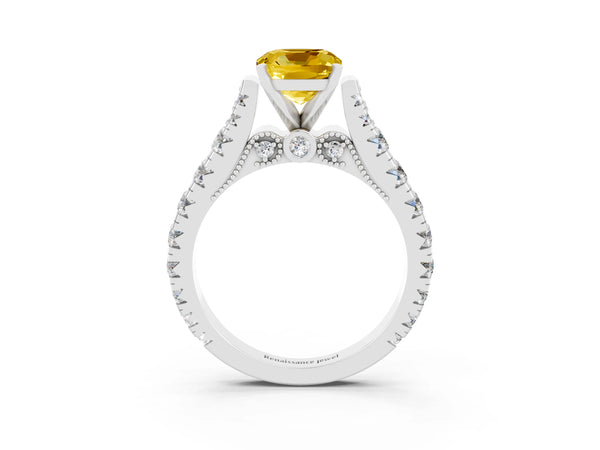 Silver Cushion Cut Yellow Sapphire Classic Solitaire Ring with Pavé Band and Four-Prong Setting