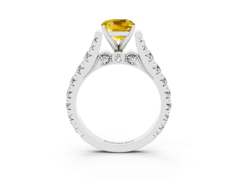 White gold Cushion Cut Yellow Sapphire Classic Solitaire Ring with Pavé Band and Four-Prong Setting_15