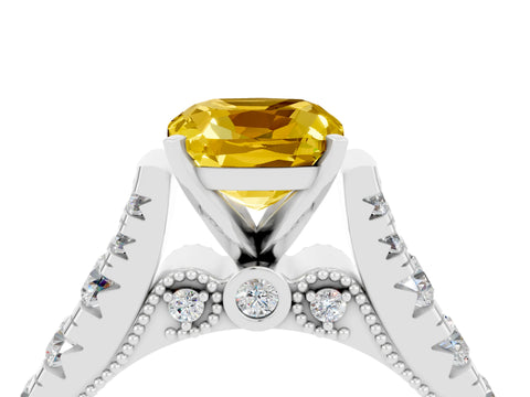 White gold Cushion Cut Yellow Sapphire Classic Solitaire Ring with Pavé Band and Four-Prong Setting_16