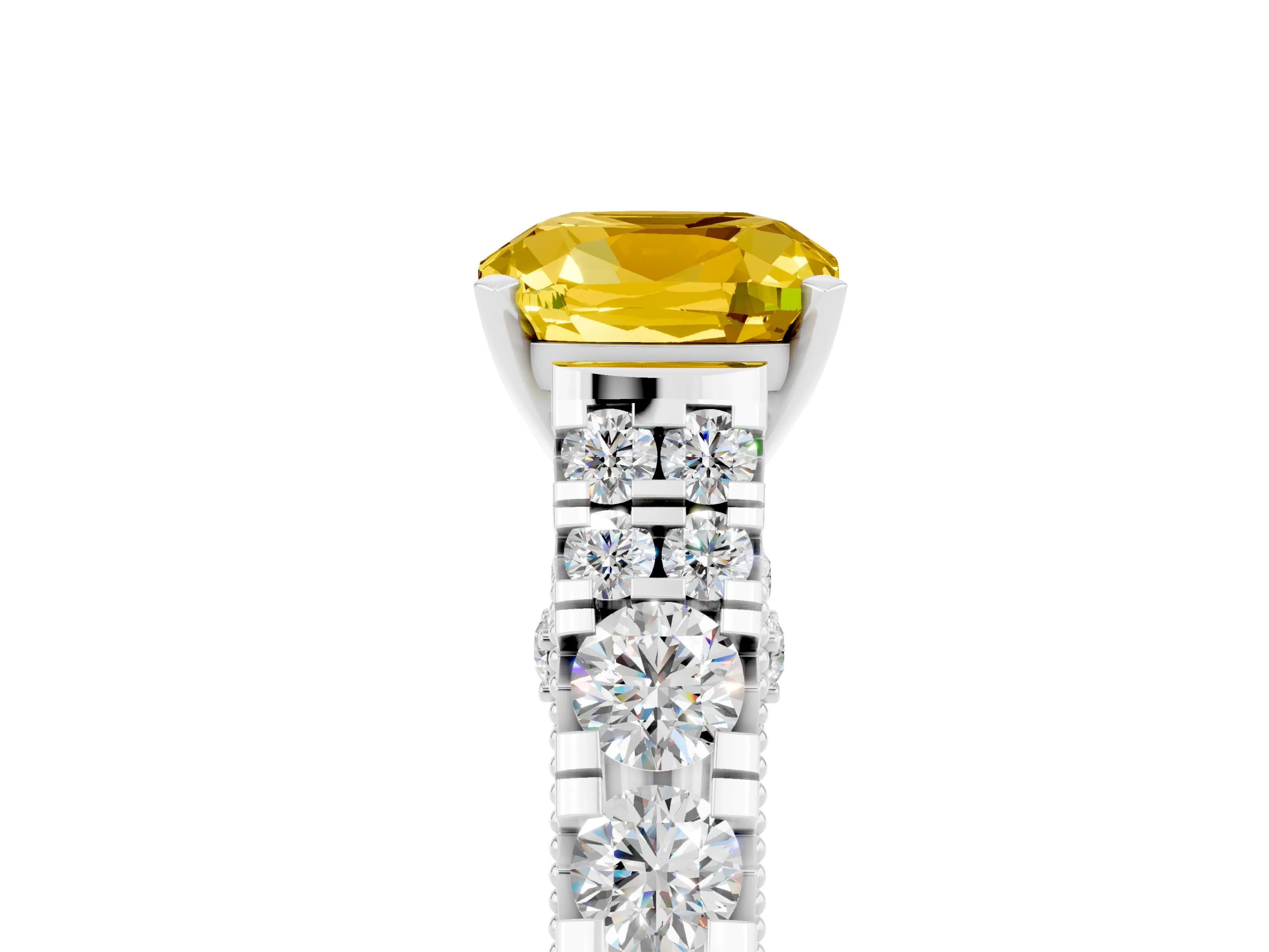 White gold Cushion Cut Yellow Sapphire Classic Solitaire Ring with Pavé Band and Four-Prong Setting_17