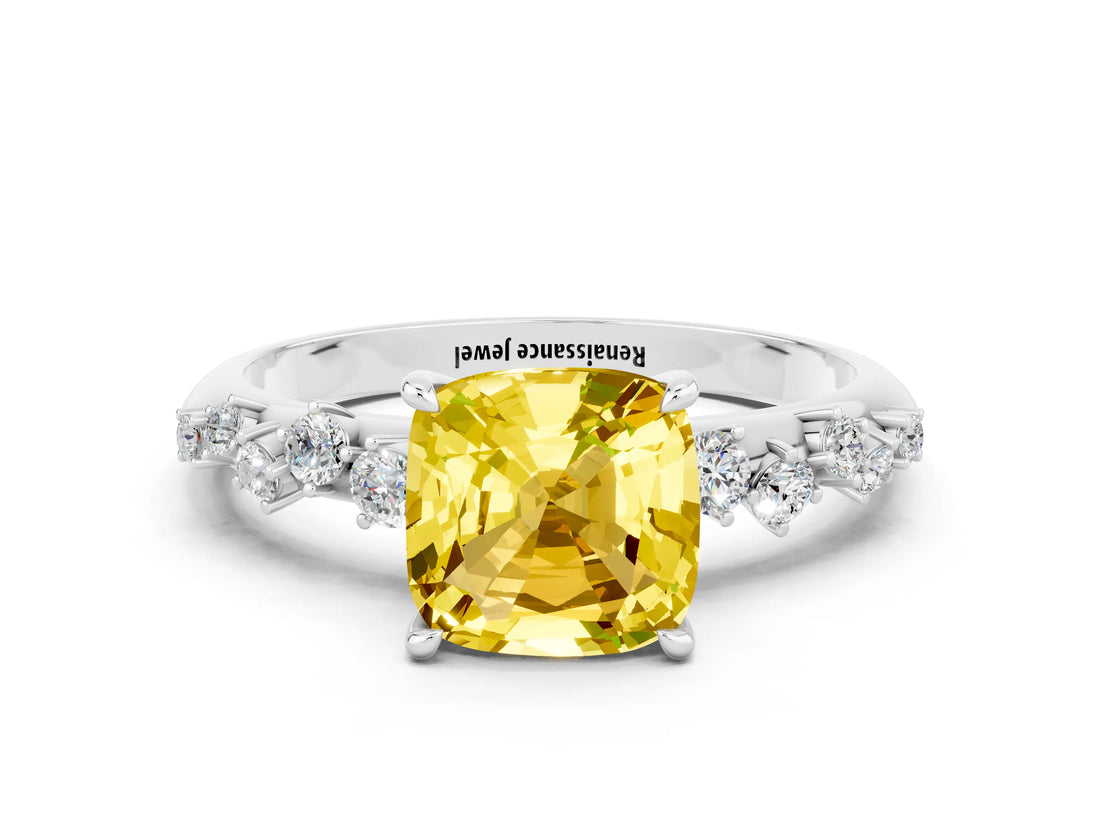 White gold Cushion Cut Yellow Sapphire Cluster Side Stone Solitaire Ring with Prong Setting_68