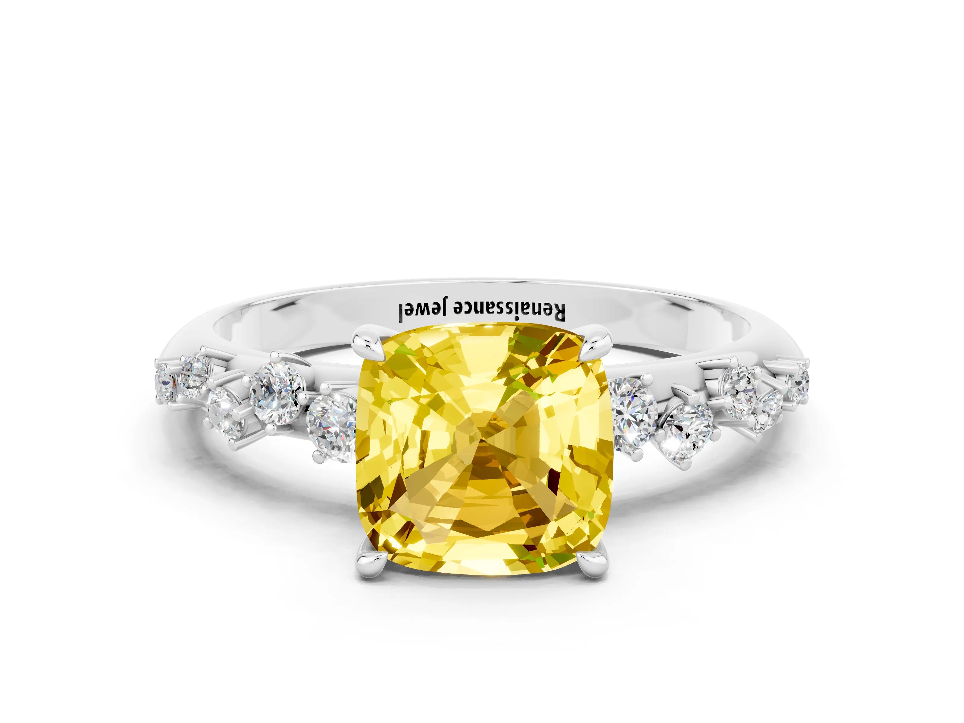 White gold Cushion Cut Yellow Sapphire Cluster Side Stone Solitaire Ring with Prong Setting_72