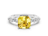 White gold Cushion Cut Yellow Sapphire Cluster Side Stone Solitaire Ring with Prong Setting_72