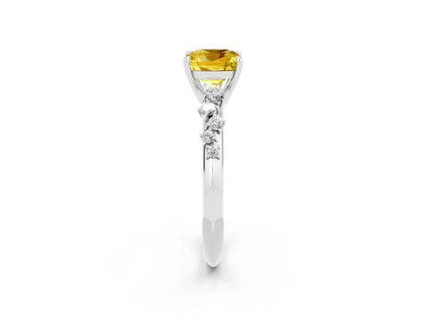 White gold Cushion Cut Yellow Sapphire Cluster Side Stone Solitaire Ring with Prong Setting_74