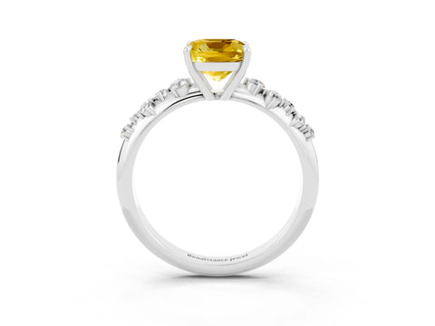 White gold Cushion Cut Yellow Sapphire Cluster Side Stone Solitaire Ring with Prong Setting_75