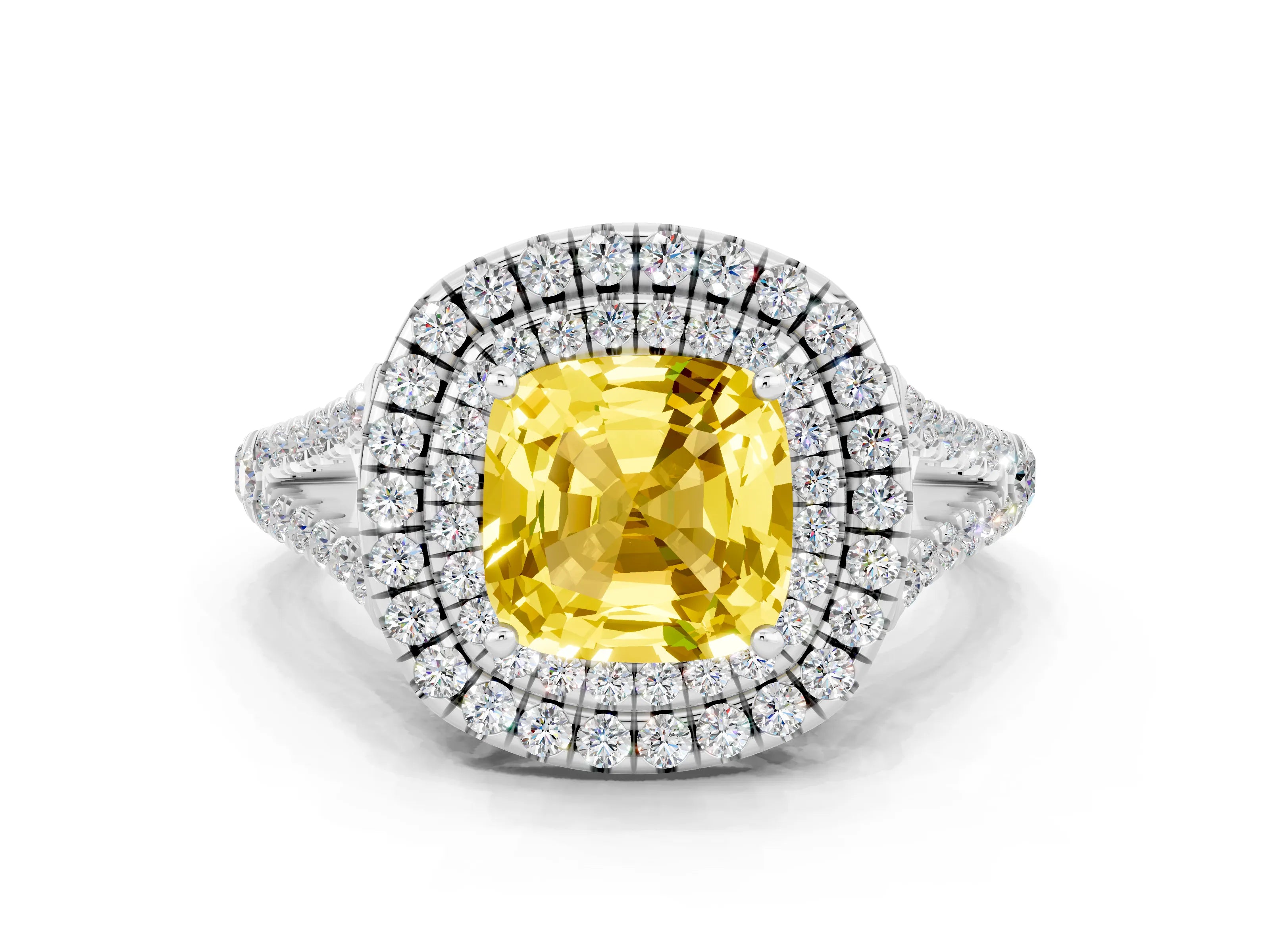 White gold Cushion Cut Yellow Sapphire Double Halo Ring with Pavé Band and Prong Setting_12