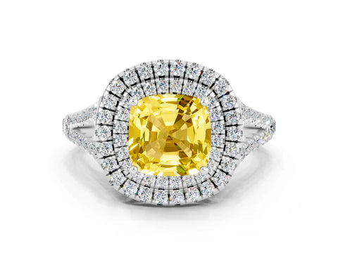 White gold Cushion Cut Yellow Sapphire Double Halo Ring with Pavé Band and Prong Setting_12